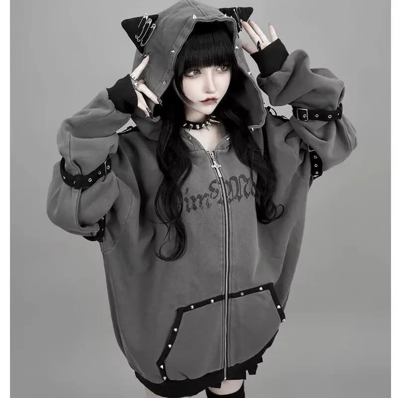 Darkly Series Subculture Rivet Cat's Ears Hoodie Sweet Girl Long Sleeved Retro Gothic Style Clothes Autumn New Zip Up Sweatshirt