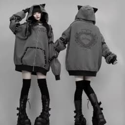 Darkly Series Subculture Rivet Cat's Ears Hoodie Sweet Girl Long Sleeved Retro Gothic Style Clothes Autumn New Zip Up Sweatshirt