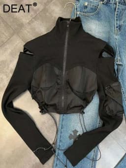 DEAT 2026 New Spring And Winter High Turltleneck Full Sleeves Off The Shoulder Drawstring Zippers Short Sweatshirt WW95701L