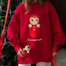 Chic Funny Russian Cartoon Cute Oversized Sweatshirt Adorable Matryoshka Doll Print "I'm A Russian Girl" Sweet Lady Casual Loose