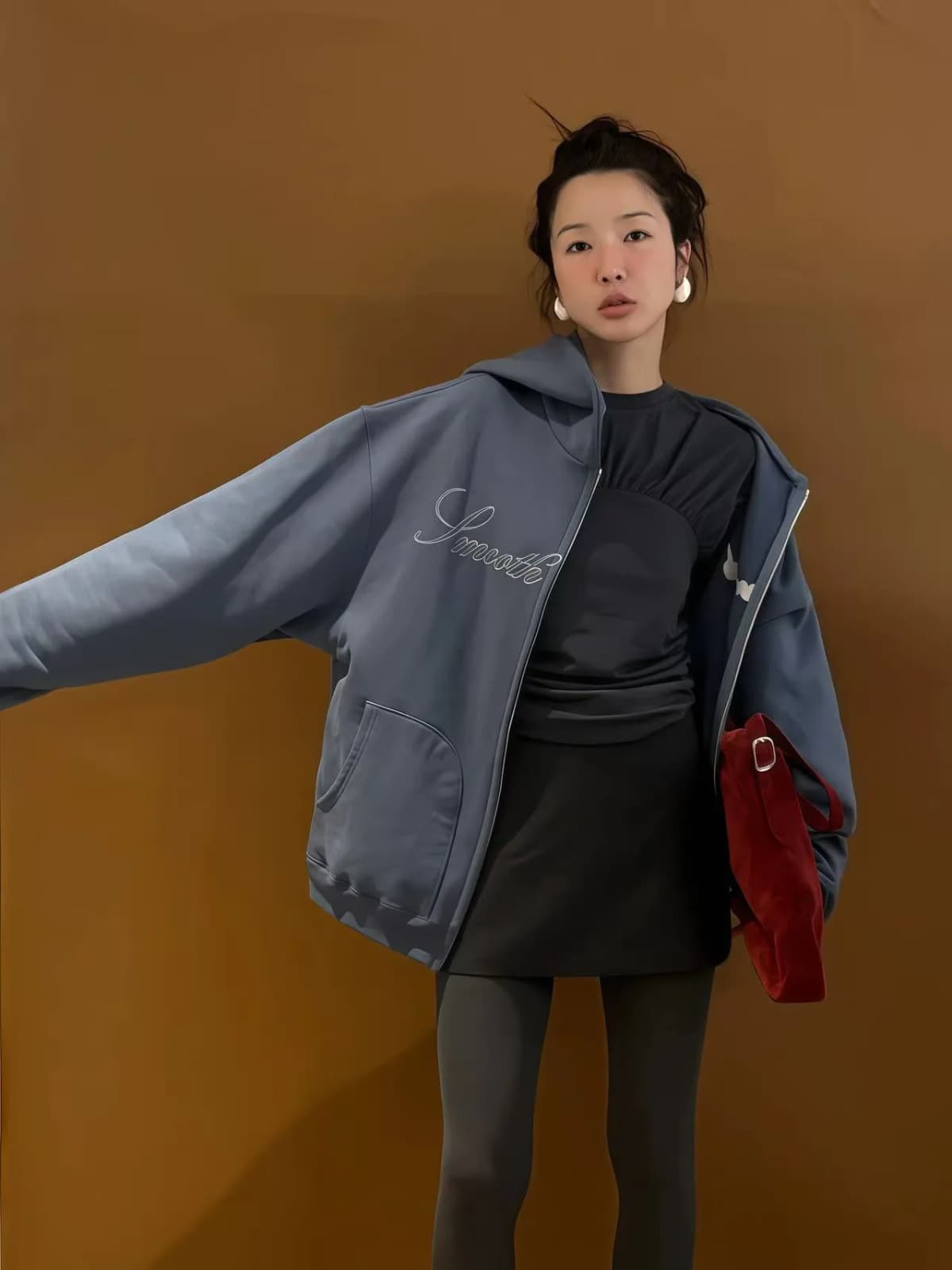 Retro American Fleece Lined Hoodie Zipper Loose Outerwear Embroidered Sweatshirt Women's Commute Style Winter Collection