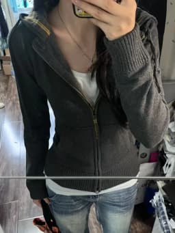 Aesthetic Vintage Grey Hooded Knit Cardigan Women High Street Retro Slim Zipper Hoodie Female Design Fashion Skinny Coat New