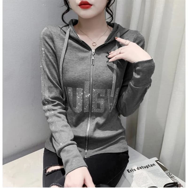 European Clothes Jacket Women Hooded Zipper Hot Diamonds Slim Top Casual Long Sleeve T-shit Autumn Winter