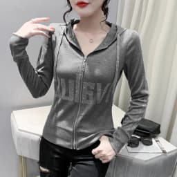 European Clothes Jacket Women Hooded Zipper Hot Diamonds Slim Top Casual Long Sleeve T-shit Autumn Winter