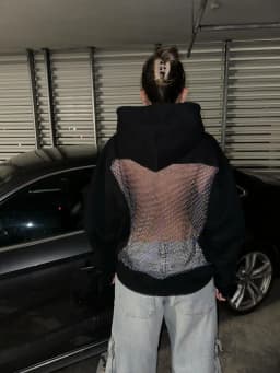 American Gothic Translucent Mesh Hoodie Y2Kwomens Fashion Sexy Ribbon Backless Hollow Oversized Hoodie Sweatshirt Casual Jacket