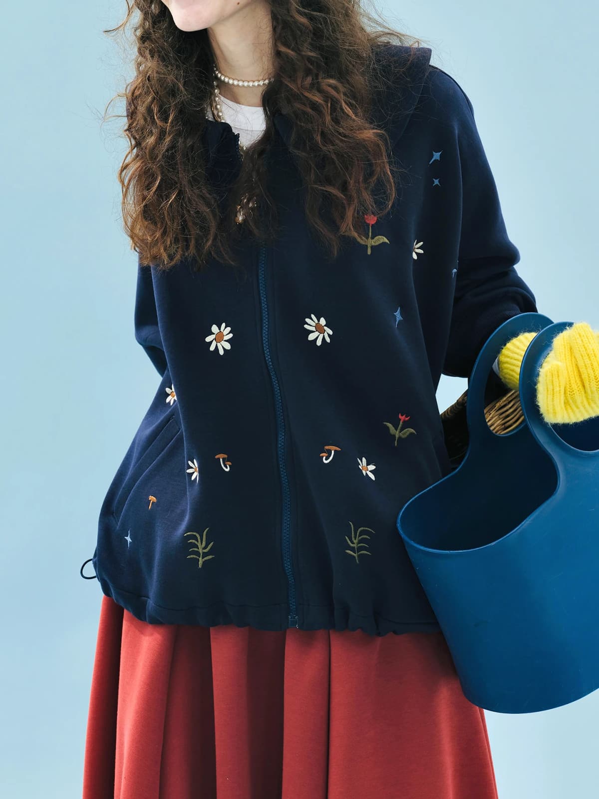 Women's Navy Blue Floral - Embroidered Collared Sweatshirt Outdoor Outings Sweet and Eye - Catching 255223