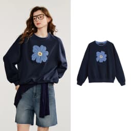 TOYOUTH Women Hoodies Sweatshirt 2025 Autumn New Green Velvet Flower Embroidered Round Neck Pullover Cotton Tops