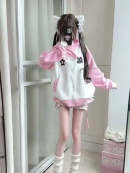 Women Y2K Harajuku Gothic Fishbone Splicing Loose Zipper Hoodie Black and Gray Contrast Long-Sleeved Hooded Street Casual Jacket