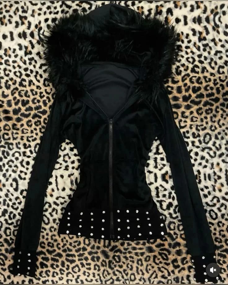 Fashion Y2K Women Spring/Autumn Casual vintage Slim hoodie Long-sleeved Rhine stone Pattern printed zipper jacket 2000s tops emo
