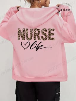 Women Leopard Nurse Life Print Hoodie Long Sleeve Casual Zipper Hoodie Nursing Fall Winter Jacket Coat Emergency Nurse Hoodies