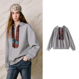TOYOUTH Liberte Series Women Sweatshirt 2026 Autumn New Nomadic Print Ribbon Detail Hooded Loose Top