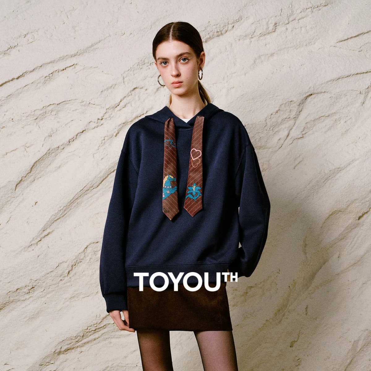 TOYOUTH Liberte Series Women Sweatshirt 2026 Autumn New Nomadic Print Ribbon Detail Hooded Loose Top