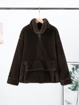 2026 Spring Autumn New Faux Fur Sweatshirt For Women Casual Stand Collar Long Sleeve Pockets Jumpers Female Chic Street Chic Top