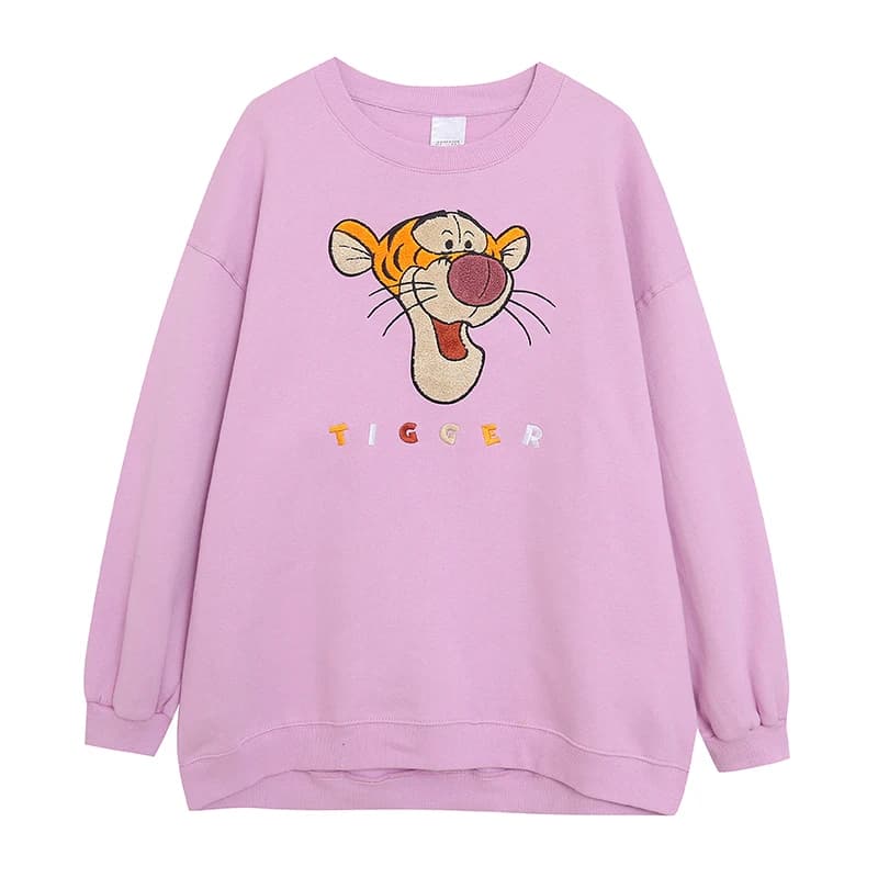 Dopamine Pink Cotton Fleece Lined Embroidered Oversized Sweatshirt Cartoon Letter Design Comfortable Fit round Neck Long Sleeve