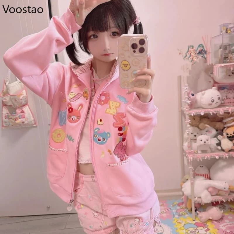 Autumn Pink Japanese Lolita Style Women Sweet Hoodies Bunny Bear Embroidery Y2k Zippper Hooded Sweatshirts Cute Cartoon Coat Top