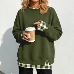 Women Fake Two-Piece Sweatshirts With Plaid Hem Side Slit Long Sleeve Pullover Tops Loose Fit Round Neck Oversize Sweatshirts