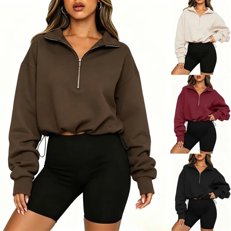 2026 Autumn Winter New Women's Half Zipper Long Sleeve Sweatshirt European American Fashion Short Style Pullover Hoodie Tops Y2k