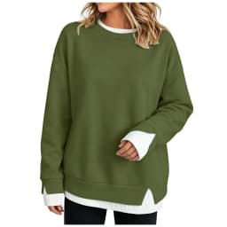 Fake Two-Piece Women Sweatshirts With Side Slit Solid Color Long Sleeve Oversize Sweatshirts Autumn Casual Round Neck Pullover