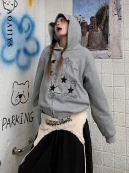 Aoaiiys Cat Print Hoodies Women Coat Y2k Zipper Streetwear Sweatshirt Pockets with Ears Hoodies Autumn Winter Loose Sweatshirts