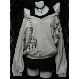Subculture Punk Rock Cross Print Shoulder Bared Loose Harajuku Shirt Long Sleeve Sweatshirt Women's Fashion Street Style