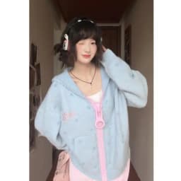 Sweet Y2K Women Hooded Knit Jacket Polka Dot Pattern Color Contrast Large Ring Zipper Loose Long Sleeve Cardigan with Pockets