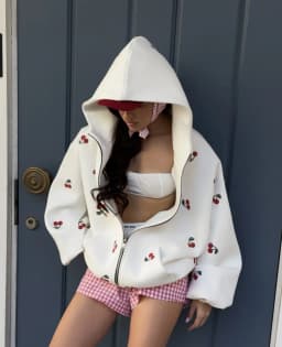 Women Y2K Sweet Cherry All‑Over Print Zip Up Hoodie Oversized Drop Shoulder Long Sleeve Hooded Jacket Casual Loose Streetwear