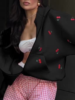 Women Y2K Sweet Cherry All‑Over Print Zip Up Hoodie Oversized Drop Shoulder Long Sleeve Hooded Jacket Casual Loose Streetwear