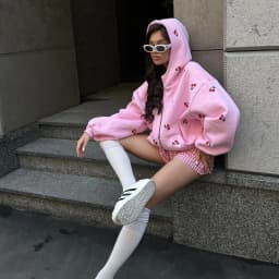 Women Y2K Sweet Cherry All‑Over Print Zip Up Hoodie Oversized Drop Shoulder Long Sleeve Hooded Jacket Casual Loose Streetwear