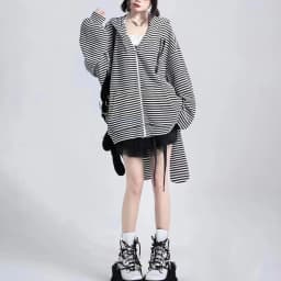 2025 Loose Stripe Rabbit Ear Knitted Hoodies Women Hooded Zip up Sweatshirts Y2k Autumn Cute Cardigan Coat Kpop Kawaii Clothes