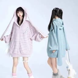 2025 Loose Stripe Rabbit Ear Knitted Hoodies Women Hooded Zip up Sweatshirts Y2k Autumn Cute Cardigan Coat Kpop Kawaii Clothes