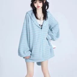 2025 Loose Stripe Rabbit Ear Knitted Hoodies Women Hooded Zip up Sweatshirts Y2k Autumn Cute Cardigan Coat Kpop Kawaii Clothes