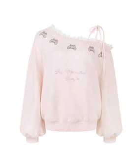 Japanese Kawaii Pink Sweatshirt Women Off Shoulder Lace Bow Long Sleeve Top Sweet Girl Design Fashion Soft Cute Casual Pullover