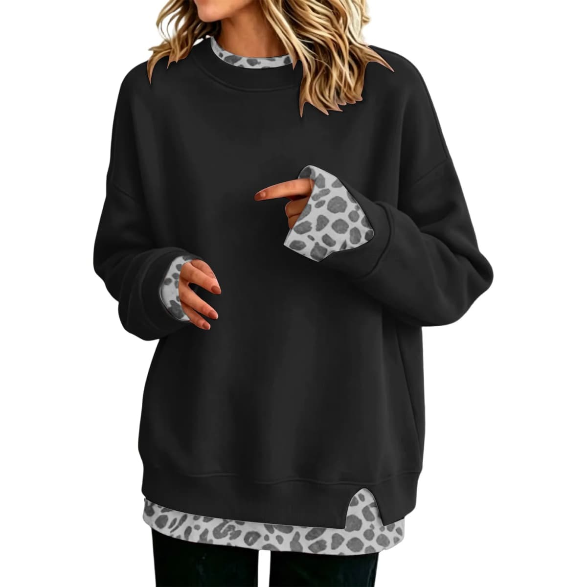 Fake Two-Piece Women Sweatshirts With Side Slit Leopard Print Long Sleeve Oversize Sweatshirts Office Casual Round Neck Pullover