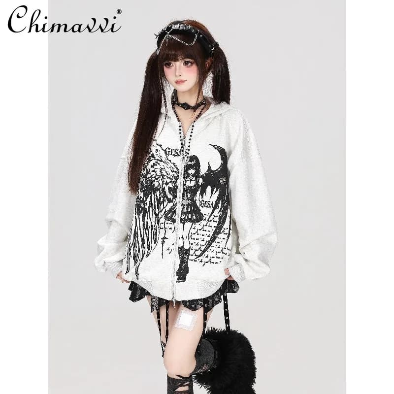 Japanese Subculture Retro Washed Old Street Style Hooded Loose Coat Autumn New Cool Girl Long-sleeved Women's Sweatshirt