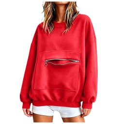 Autumn Casual Women's Hoodie Crew Neck Sweatshirt Long Sleeve Pullover With Zipper Pocket Female Solid Loose Fit Hoodies Top