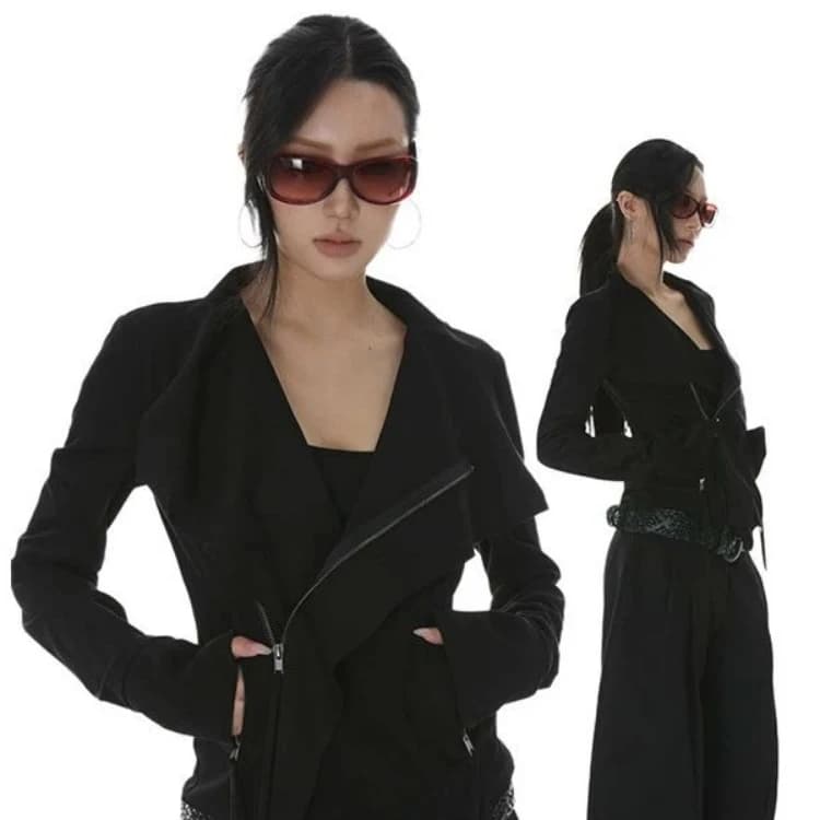 Vintage Collar Jackets Women Harajuku Punk Slim Fit Coat Streetwear Pocket Zipper Y2k Aesthetic Harajuku Grunge 2025 Outwear