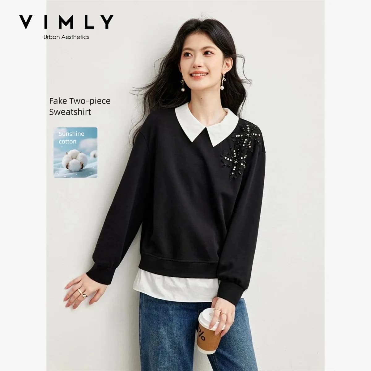 VIMLY Black Sweatshirt Women 2026 Autumn New Fake Two‑piece Beaded Embroidered Lapel Pullover Fashion Elegant Top Ladies A7612