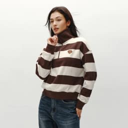 Semir Hoodie Women Winter Half-Zip Stand Collar Puppy Print Oversize Striped Fleece Pullover Layering Retro Warm Casual