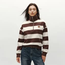 Semir Hoodie Women Winter Half-Zip Stand Collar Puppy Print Oversize Striped Fleece Pullover Layering Retro Warm Casual