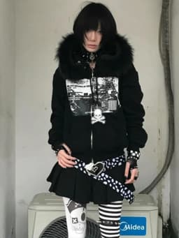Women Y2k Aesthetic Printing Loose Pocket Hoody Streetwear Fur Patchwork Hooded Hoodies Punk Grunge Zipper Casual Sweatshirts