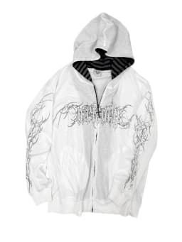 Y2K Gothic Zip Up Hoodie White Thorn Letter Graphic Hooded Jacket Striped Inner Lining Dark Streetwear Unisex Coat