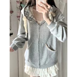 Kawaii Fleece Zip Up Hoodies Women Streetwear Bow Lace Patchwork Hooded Sweatshirts Winter Harajuku Cutecore Long Sleeve Jackets