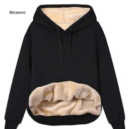 Women Fleece Lined Hoodie Drawstring Long Sleeve Pocket Warm Thick Pullover Sweatshirt for Autumn Winter