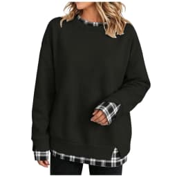 Oversize Sweatshirts Women With Plaid Hem Long Sleeve Round Neck Sweatshirts Fake Two-Piece Fashion Casual Pullover Tops