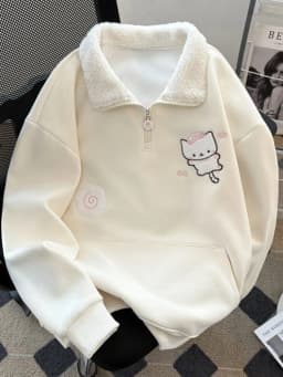 Winter Thick Cartoon Sweatshirt Women Warm Cute Loose Sweet Embroidery Pullover Fashion Turn Down Collar Long Sleeve Kawaii Tops