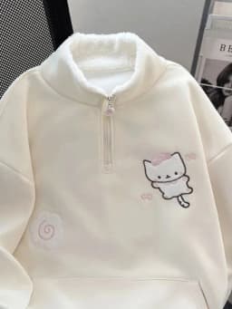 Winter Thick Cartoon Sweatshirt Women Warm Cute Loose Sweet Embroidery Pullover Fashion Turn Down Collar Long Sleeve Kawaii Tops