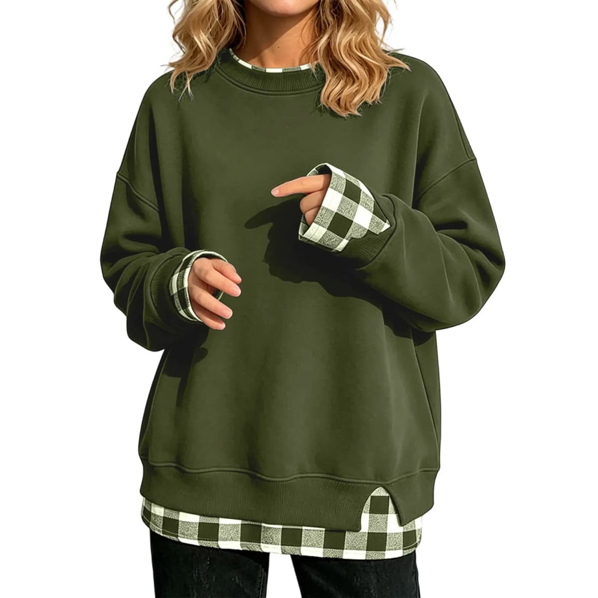 Women's Fake Two-Piece Oversize Sweatshirts With Plaid Hem Side Slit Long Sleeve Pullover Loose Fit Round Neck Sweatshirts Tops