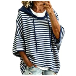 Women Striped Short Sleeve Hoodie Drawstring Drop Shoulder Loose Cropped Pullover Tops Casual Summer Fashion Streetwear Hoodies