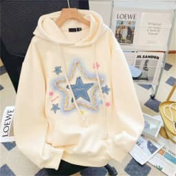 Spring And Autumn Star Print Milk Apricot Color Hooded Coat Street Harajuku Outerwear Vintage Star Print Drawstring Hoodies