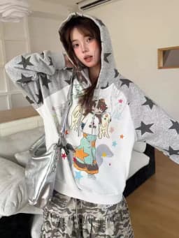 Aoaiiys Star Hoodies Women Streetwear Sweatshirt Cute Cartoon Print Y2k Loose Drawstring Hoodies Autumn Patchwork Sweatshirts